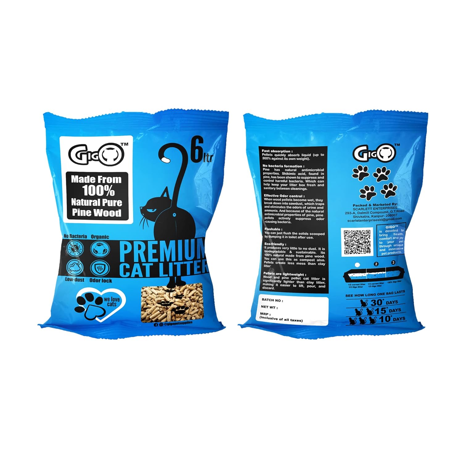 Gigo Premium Pine Wood Cat Litter 6L – Natural, Low Dust, Highly Absorbent, Odour Control, Eco-Friendly Pellet Litter for Cats