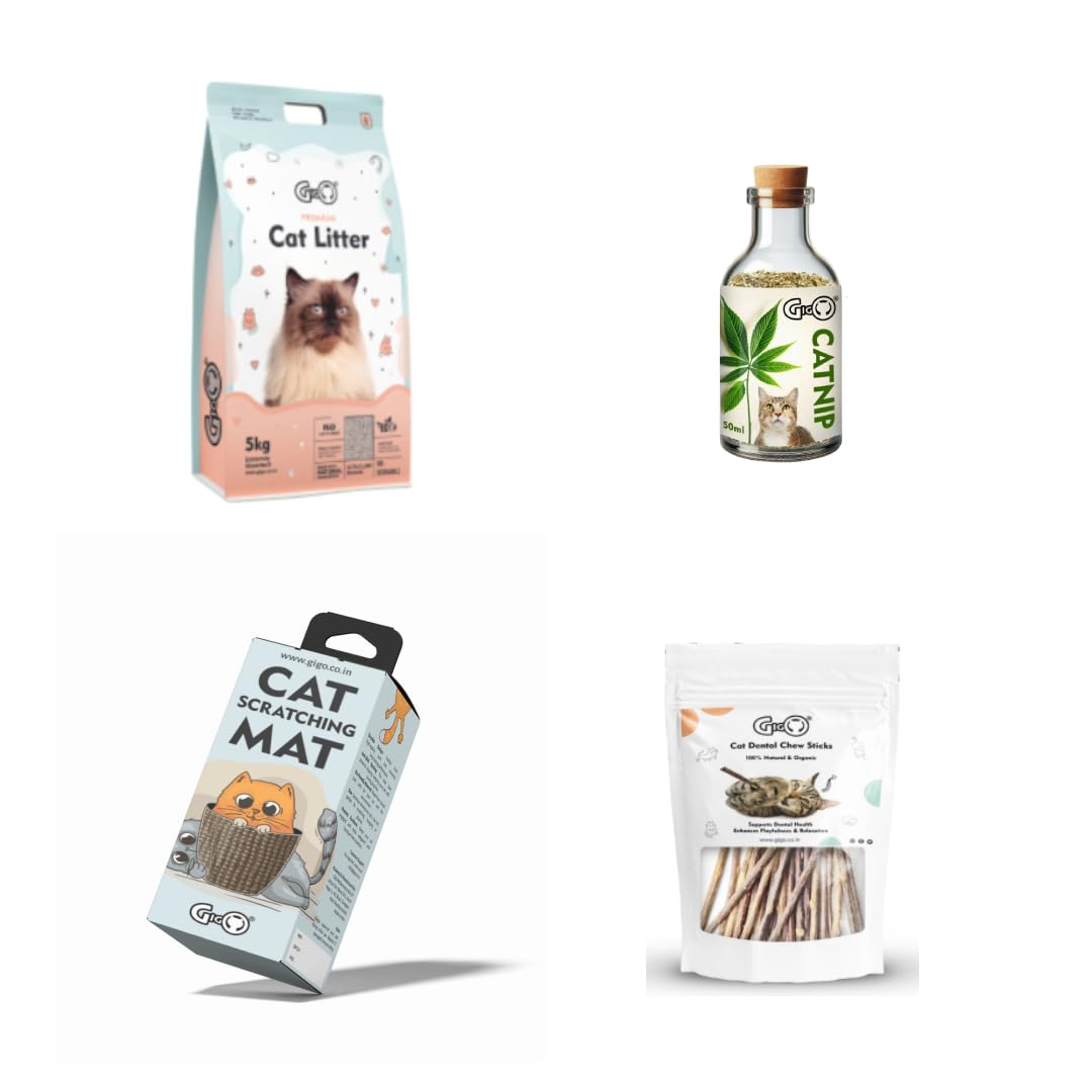 Gigo Ultimate Cat Care Combo Pack – Catnip + Dental Chew Sticks + 5kg Premium Cat Litter + Scratch Mat | Stress Relief + Dental Care + Odour Control